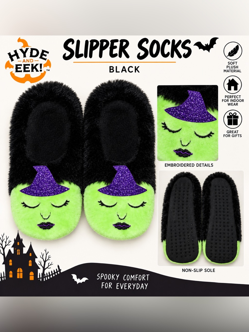 HYDE & EEK! WITCH SLIPPER SOCKS - BLACK VARIOUS SIZES (NEW WITH TAGS B9